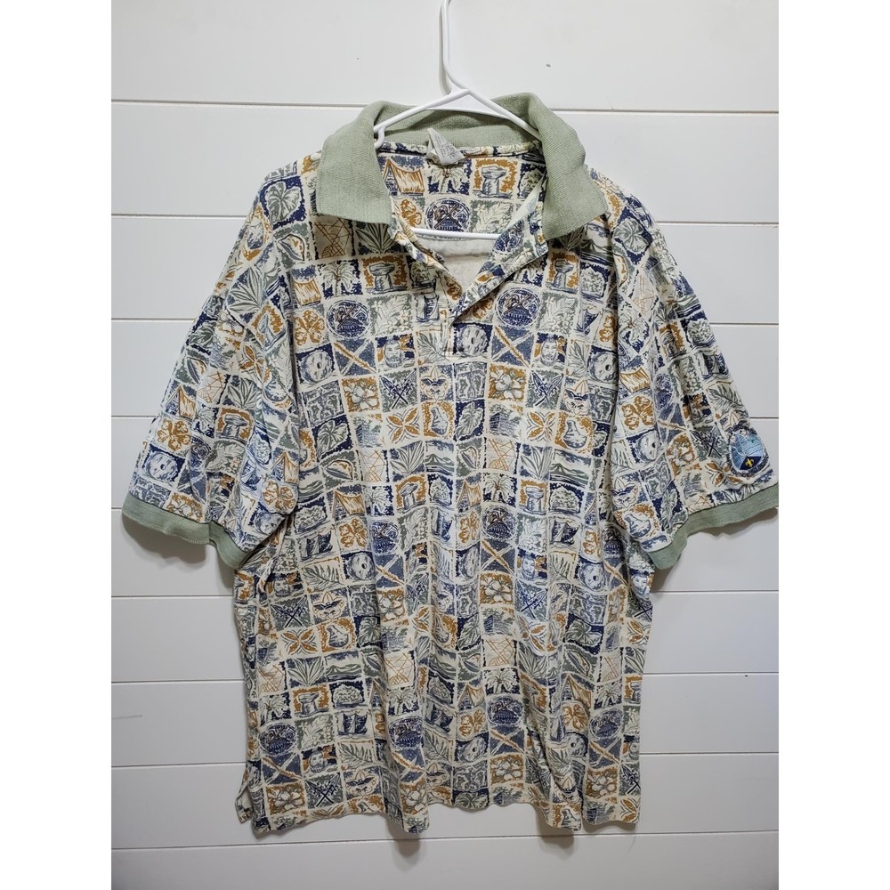 American Pacific Apparel Co mens size XXL hawaiian polo shirt square scenes tiki
